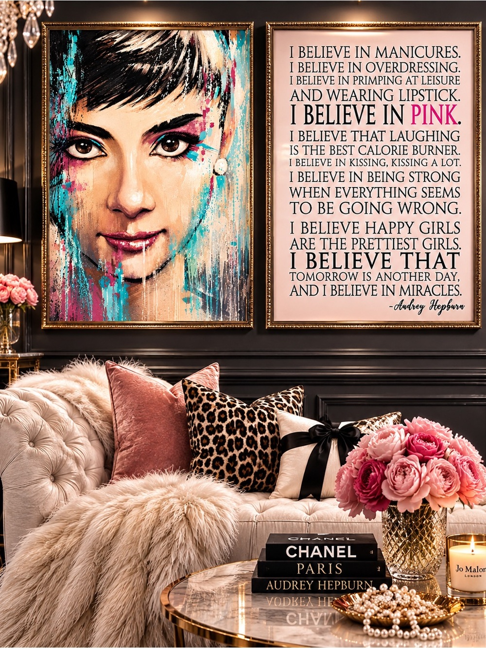 Audrey Hepburn I Believe in Pink Wall Art Set | Glam Fashion Prints 8x10